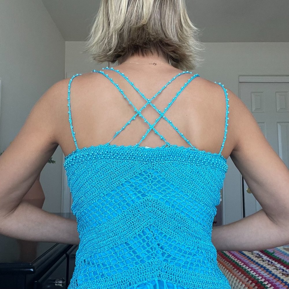 SOLD! 90s/ Y2K Beaded Blue Boho Tank Top with Fringe - Picture 3 of 8